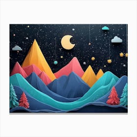 3d Modern Artwork Night Landscape, Colorful Mountains, Trees, Dark Black Background with Stars and Moon Canvas Print