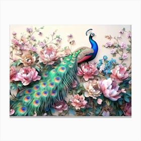 Peacock And Flowers 6 Canvas Print