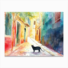 Valencia, Spain   Cat In Street Art Watercolour Painting 1 Canvas Print
