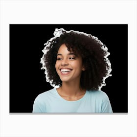 A Portrait Of A Smiling Young Woman With Curly Brown Hair, Isolated On A Black Background 3 Canvas Print