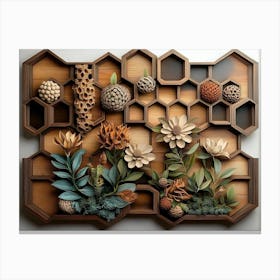 Hexagon Honeycomb Design Wooden Floral Canvas Print