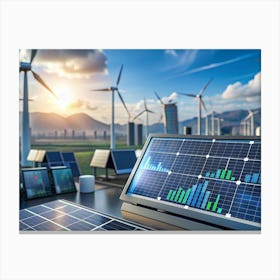 Solar Panels And Wind Turbines With A Monitor Displaying Data Canvas Print