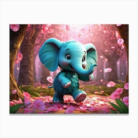 Round Turquoise Baby Elephant Animated Surrounded By Towering Pink Flowers In A Lush Forest Textu Canvas Print