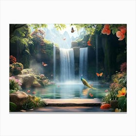 Beautiful Nature Scenery Travel Lovely Place Background With Tropical Leaves, Flowers, Forest Trees, Park, Waterfall 1 Canvas Print