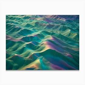 An Abstract Image Of A Geometric Landscape With Vibrant Green Hills And A Subtle Iridescent Shimmer Canvas Print