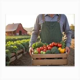 Smiling Farmer Holding A Crate Of Fresh Produce In A Field 2 Canvas Print