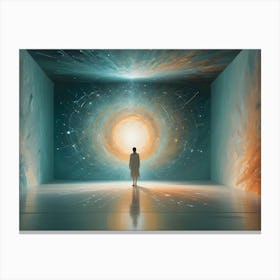 A Digital Art Illustration Of A Woman Standing In A Room With A Glowing Portal In The Wall, Representing A Journey Or Transition Canvas Print