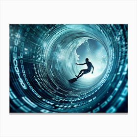 A Surfer Riding A Wave Inside A Digital Tunnel Formed By Binary Code And Glowing Particles Canvas Print