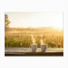 Two Coffee Cups On A Wooden Table Canvas Print