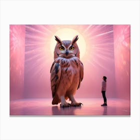 A Young Girl Stands Before A Giant Owl In A Pink, Luminous Environment Canvas Print