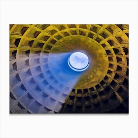 Oculus of the Pantheon. This image captures the interior view of the Pantheon’s dome, focusing on the oculus at its apex. The coffered ceiling, with its geometric patterns, is illuminated by natural light streaming through the oculus, creating a dramatic interplay of light and shadow. The oculus, a circular opening at the top of the dome, serves as the primary source of light for the Pantheon’s interior and symbolizes the connection between the temple and the heavens. 1 Canvas Print