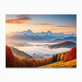 Autumn Landscape Panoramic View Of The Tatra Mountains Leaves In Vivid Shades Of Red Orange And (4) Canvas Print