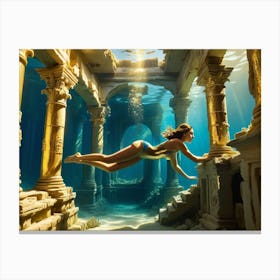 Woman swimming in gold underwater ruin 9 Canvas Print