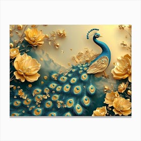 3d Artwork Peacock Illustration Background with Golden Jewelry and Flowers Canvas Print