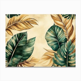 Vintage Tropical Green Brown Leaves, Beige Background, Golden Texture 1 Canvas Print