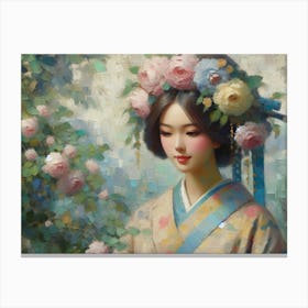 Chinese Woman With Roses Canvas Print