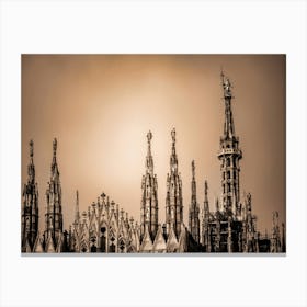 Madonnina and Spires of Duomo Cathedral of Milan. Cattedrale Metropolitana della Natività della Beata Vergine Maria. The image showcases a detailed close-up of a grand Gothic cathedral facade, rendered in a stylized, almost cartoon-like manner. The building is constructed from light-colored stone, featuring intricate carvings, pointed arches, and numerous windows with stained glass. Canvas Print