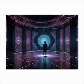 Silhouette Of A Person Standing Within A Futuristic, Circular Room With Glowing Digital Patterns On The Walls And Floor Canvas Print