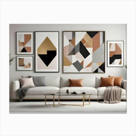 A Modern Living Room Interior With A White Sofa, A Glass Coffee Table, And A Gallery Wall Of Abstract Art Prints Featuring Geometric Shapes And Earthy Tones Canvas Print