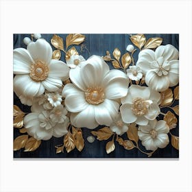 3d Artwork Illustration with A White and Blue Background Adorned with Golden Jewelry and Flowers Canvas Print