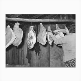 Wife Of Tenant Farmer Cutting Piece Of Ham In Smokehouse Near Pace, Mississippi, Background Photo For Canvas Print
