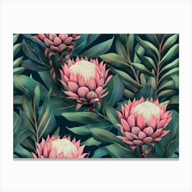 Tropical Exotic Seamless Pattern With Protea Flowers In Tropical Leaves Painting Canvas Print