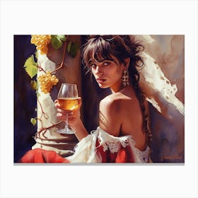 A Boho Woman With Golden Grapes And A Glass Of Wine 2. Canvas Print