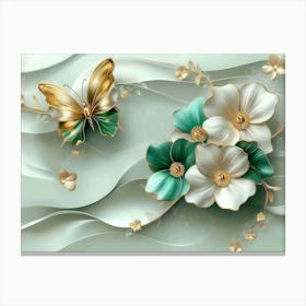 3d Art Abstract Floral Background With Green Flowers And Golden Butterfly 1 Canvas Print