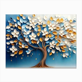 Colorful Tree With Leaves On Hanging Branches Of Blue, White And Golden 4 Canvas Print