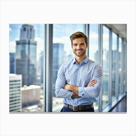 Confident Businessman With City Skyline Behind Him Canvas Print