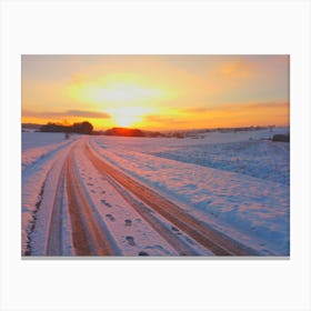 Snowy Road At Sunset Canvas Print
