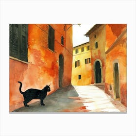 Black Cat In Siena, Italy, Street Art Watercolour Painting 4 Canvas Print