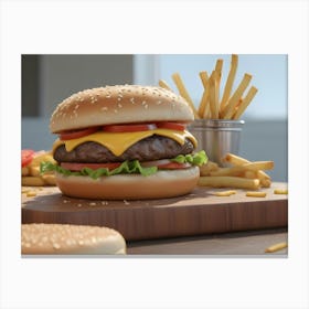 Juicy Cheeseburger With French Fries And Orange Juice Canvas Print