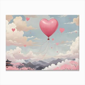 Heart Shaped Balloon Flying Over Mountain Range With Cherry Blossoms Canvas Print