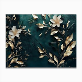 3d Modern Artwork Painting Abstraction Art With White, Dark Green And Golden And Flowers Canvas Print