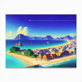 Japan, Okinawa, anime city on the bay — City Pop art, anime landscape poster, retrowave/vaporwave poster, 80s, panoramic poster. Hayao Miyazaki style Canvas Print