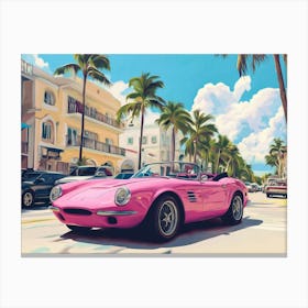 Pink Convertible Sports Car Is Driving Down The Street Lienzo