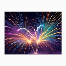 Colorful Fireworks Exploding Against A Dark Blue Night Sky, Creating A Celebratory And Dramatic Scene Canvas Print