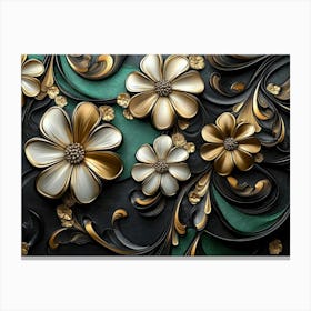 Luxury Floral Seamless With Flowers Elegant Leather Texture Illustration Background In Golden, Green, White 2 Canvas Print