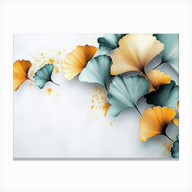 A 3d With Ginkgo Leaves in Turquoise and Golden Tones on a Light Gray Background Canvas Print