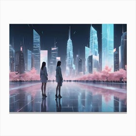 Two Women Stand Against A Futuristic City Skyline Illuminated With Blue And Pink Neon Lights, A Large Crowd Gathers In The Foreground Canvas Print