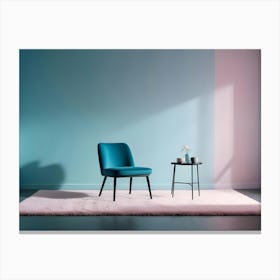 A Teal Chair And A Small Black Side Table With Two Cups And Flowers Stand On A Pink Fluffy Rug In A Room With Teal And Pink Walls Canvas Print