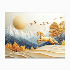 3d Horse, Golden Trees, Mountains, Suns, Birds on Modern Background with Trees Canvas Print