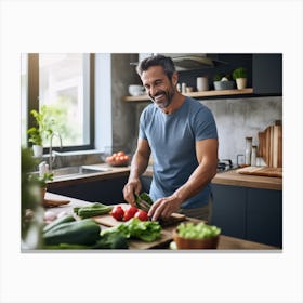 Happy Man Preparing Vegetables In Kitchen Canvas Print
