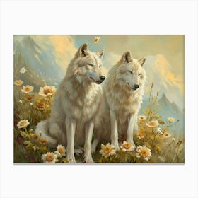 Floral Animal Illustration Arctic Wolf 4 Canvas Print