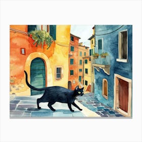 Black Cat In Perugia, Italy, Street Art Watercolour Painting 1 Canvas Print