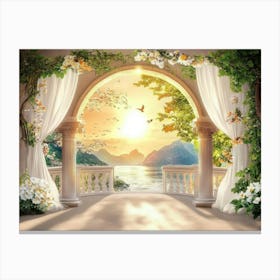 3d Beautiful View Of Landscape Background From The Old Arches, Tree, Sun, Water and Birds Canvas Print