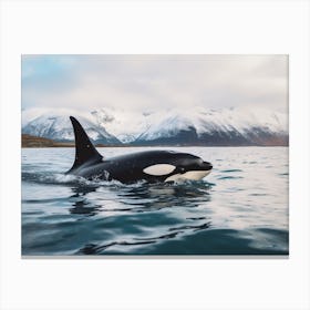 Realistic Photography Of Orca Whale Emerging Out Of Water With Icy Mountain In Background 1 Canvas Print