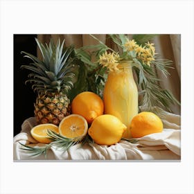 Still life with fruits, lemon, pineapple, and flowers. Tropical fruit. Canvas Print