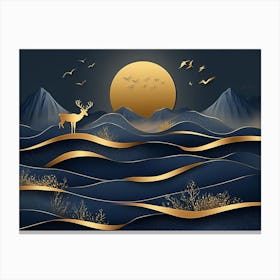 3d Modern Art With Dark Blue And Golden Wave Background Mountains, Golden Deer And Birds Canvas Print